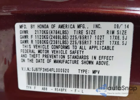 2015 Honda Crosstour Exl z USA, uszkodzony, nr VIN 5J6TF3H54FL000520